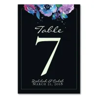 Deep Blue Purple Moody Twilight Floral Wedding Table Number