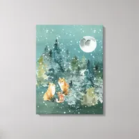 Fox Family Forest Full Moon Snowfall Canvas Print