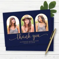 Elegant Arch Navy Blue Gold 3 Photo Graduation Thank You Card