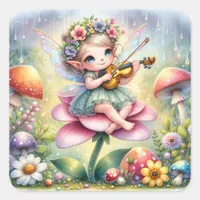 Cute Anime Girl with Violin on Mushroom  Square Sticker