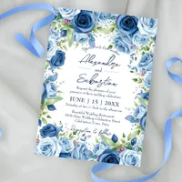 Sophisticated Blue Roses with Green Leaves Wedding Invitation