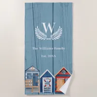 Blue wood family monogram initial hut beach towel