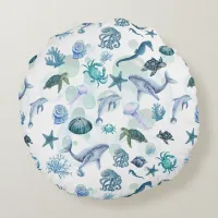 Under the Sea Blue Watercolor on white | Round Pillow