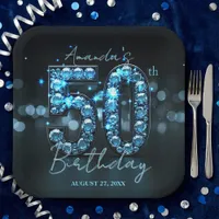 Opulent Elegant Teal Blue Diamonds 50th Birthday Paper Plates