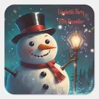 Cheerful Snowman Party Invitation  - Festive Card. Square Sticker