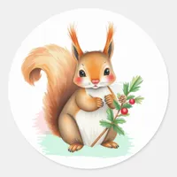 Sweet Squirrel  holding  Holly Branch Christmas Classic Round Sticker