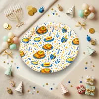 Festive Blue Gold Latke Dreidel Cake Paper Plates