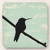 Hummingbird Silhouette on Blue Grunge Background Coaster