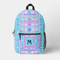 Plaid Pattern Tartan Check Blue Pink Monogram Printed Backpack