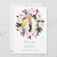 Blush Pink Floral Photo Pregnancy Announcement