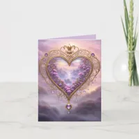 Victorian golden heart with lilac flowers, vintage holiday card