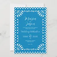 Mexican Blue Papel Picado Traditional Boda Wedding Invitation