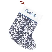 Hamptons Navy Blue and White Talavera Tile Small Christmas Stocking