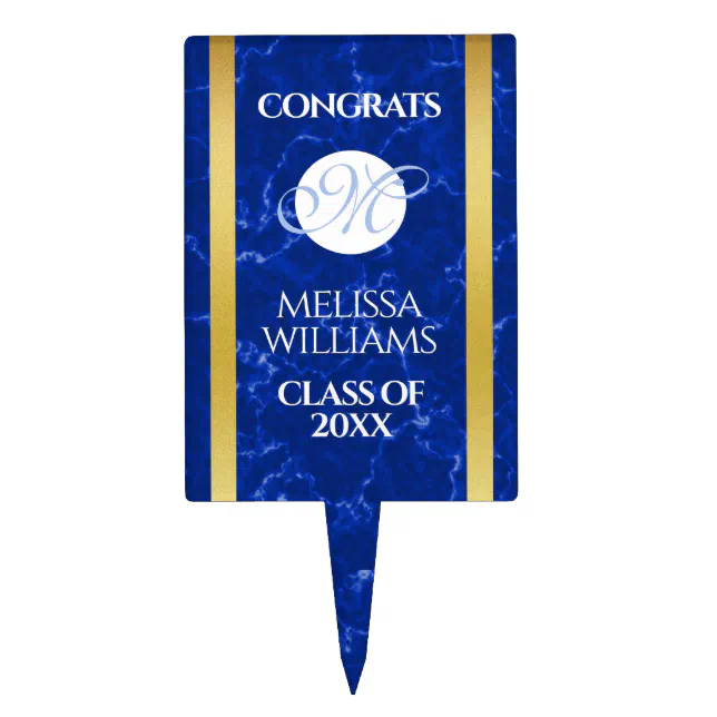 Elegant Graduation Monogram Blue Marble Gold Foil Cake Topper