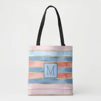 Wide Watercolor Stripes Blues Color Block Monogram Tote Bag