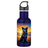 Dog sitting on Ocean Beach at Sunset Stainless Steel Water Bottle
