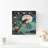 Eagle Perched on Tree Under Full Moon Night Square Wall Clock