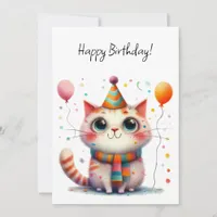 Orange and White Cat in Party Hat Flat Birthday Card