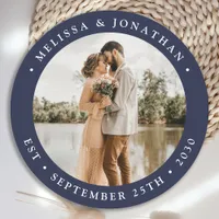 Modern Simple Navy Blue Custom Photo Wedding Round Paper Coaster