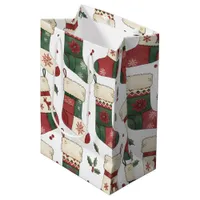 Patchwork Christmas Stockings Red Green White Medium Gift Bag