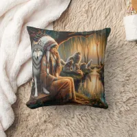 Native American Woman Sitting by River With Wolf Throw Pillow