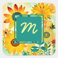 Pretty Folk Art Flowers Monogrammed Square Sticker