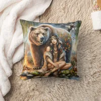 Native American Woman Sitting by River With Bear Throw Pillow