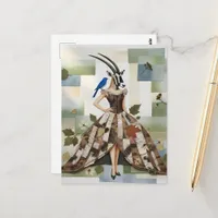 Adorable oryx  in birch bark dress with bluebird postcard