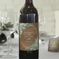 Eucalyptus Greenery Gold Rustic Wood Wedding Wine Label