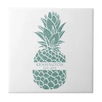 Modern Teal Glitter Pineapple Name Ceramic Tile