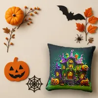 Whimsical Green Haunted House Halloween Throw Pillow