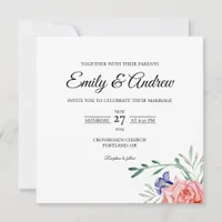 Peach Rose Leaf Floral Watercolor Square Wedding Invitation