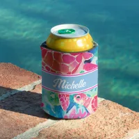 Personalized Summer Tropical Pink and Aqua Turtle Can Cooler