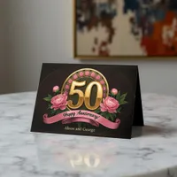 Elegant Pink Peonies Gold 50th Wedding Anniversary Card