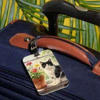 Watercolor Cat and Flowers on Window Sill   Luggage Tag