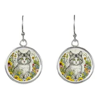 Kitty Cat Sitting in Flowers  Earrings