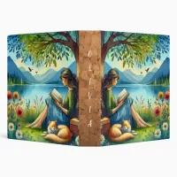 Girl Reading a Book under a Tree with a Sleepy Cat 3 Ring Binder