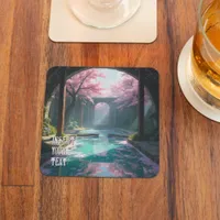 Cherry Blossom Temple With Sacred Pool Anime Square Paper Coaster