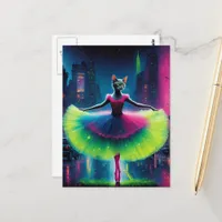 A neon grey ballet cat in the cyberpunk city  postcard