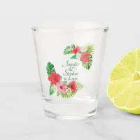 Tropical Flowers Watercolor Leaves Wedding Shot Glass