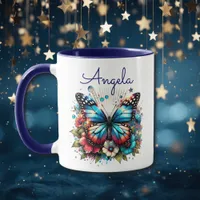 Pretty Blue Butterfly and Flowers Personalized Mug