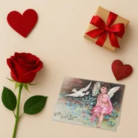 Vintage Pink Cherub Blue Flower Love Holiday Card