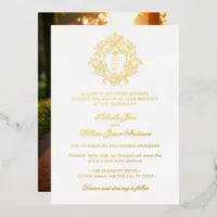 Vintage Regency Monogram Crest Photo Wedding Foil Invitation
