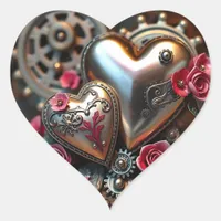 Metal Hearts and Pink Flowers Steampunk Heart Sticker