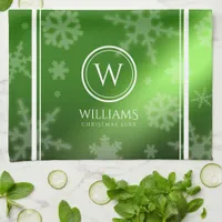 Festive Green Foil Snowflakes Monogram Name Kitchen Towel