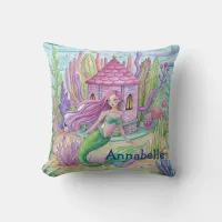 Enchantress Dreams - Pink Haired Mermaid & Fairy H Throw Pillow