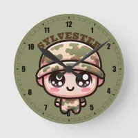 Cute Kawaii Army Camouflage Monogram on Green | Round Clock