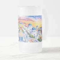 Greece Santorini Watercolor Sketch Aegean Sea |  Frosted Glass Beer Mug