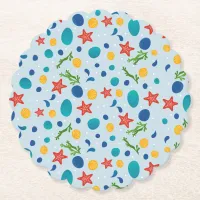 Summer beach with starfish, shells and pebbles paper coaster