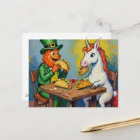 A leprechaun and a unicorn eating tacos postcard